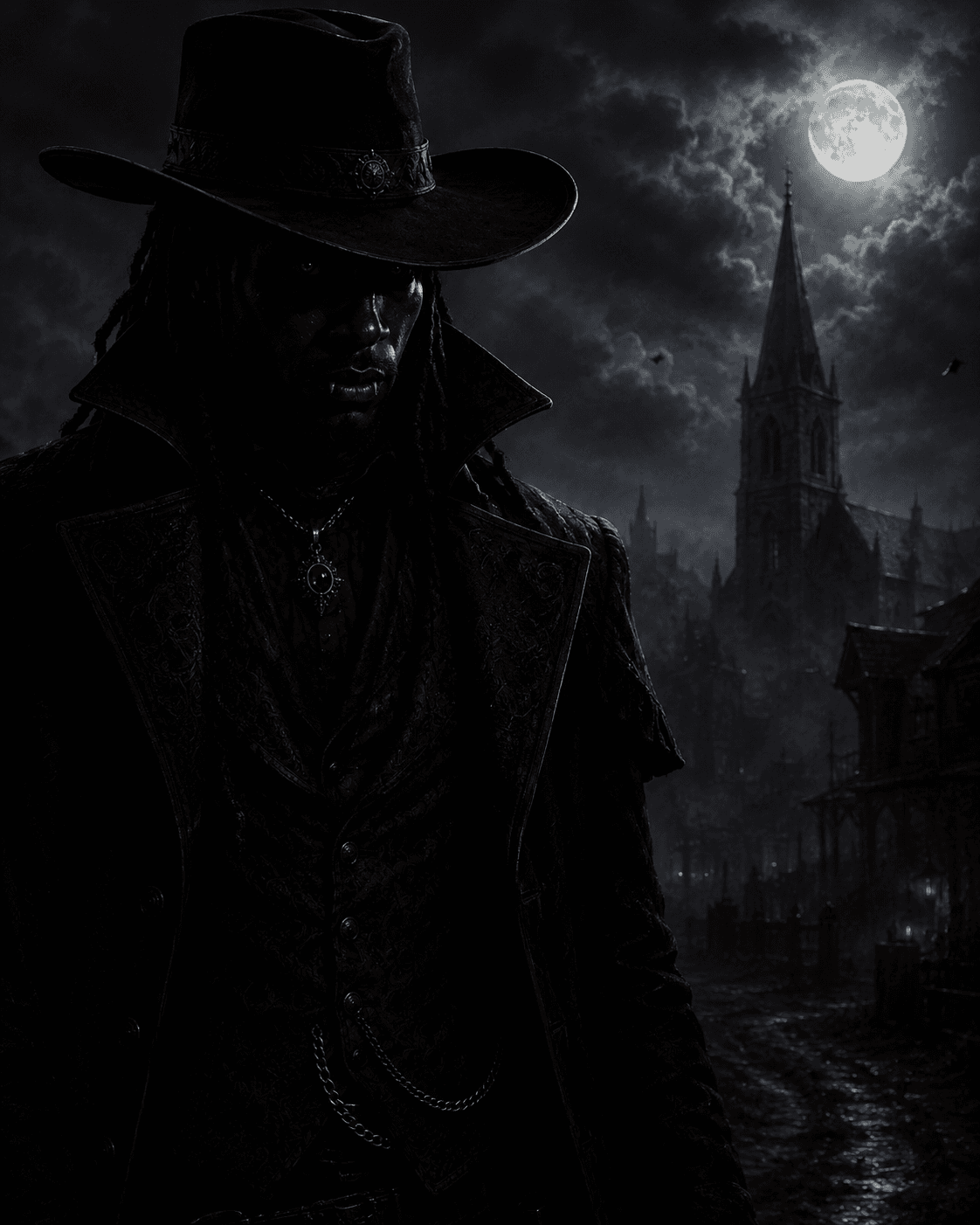 A vampire gunslinger standing beneath a full moon in a gothic frontier town