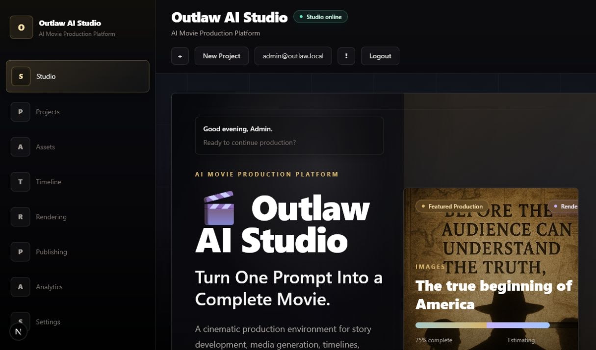 Outlaw AI Movie Studio interface